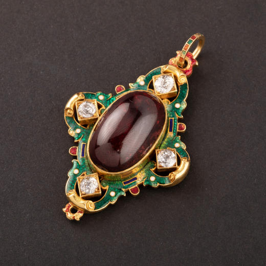 独角鹿西洋古董珠宝首饰19世纪末18k黄金镶嵌钻石珐琅石榴石吊坠 商品图2