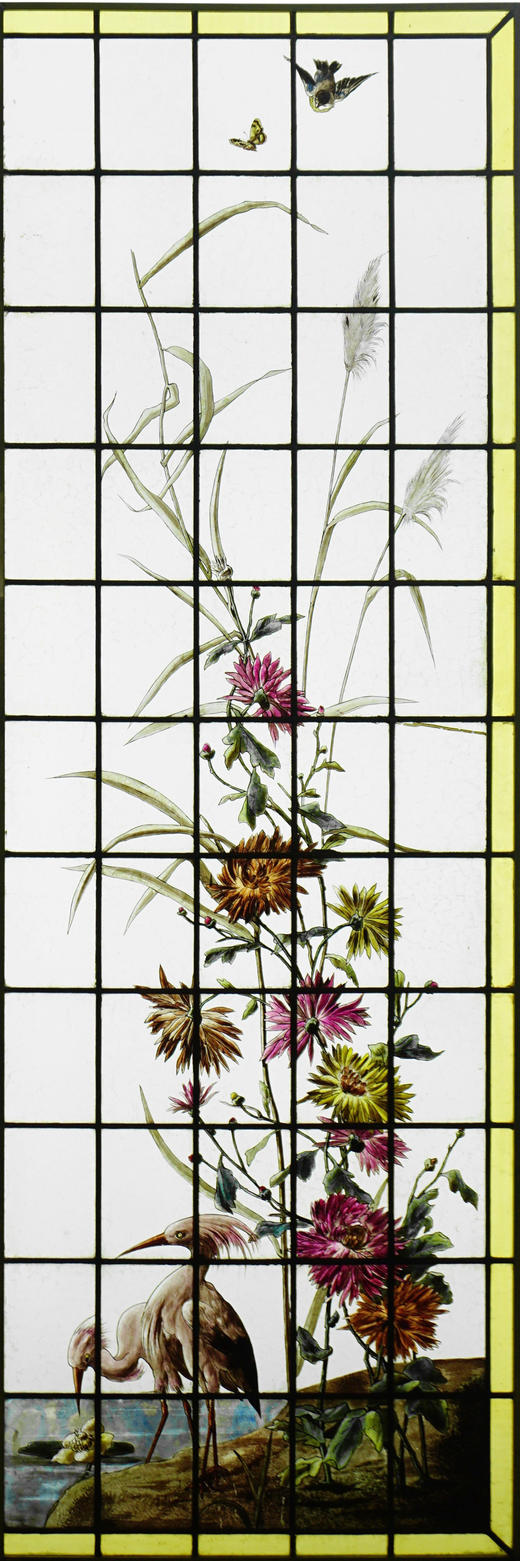 独角鹿西洋古董法国向日葵大丽花水边雀鸟珐琅彩绘玻璃窗花窗一对 商品图2