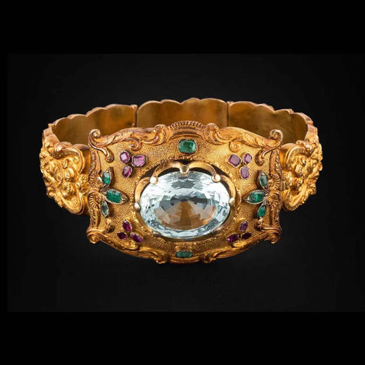 独角鹿西洋古董珠宝法国18K金镶嵌海蓝宝石红宝石祖母绿手镯手链 商品图0