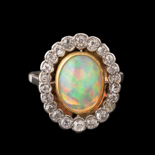 独角鹿西洋古董珠宝首饰1920年代法国出品18k金铂金钻石欧珀戒指 商品图0