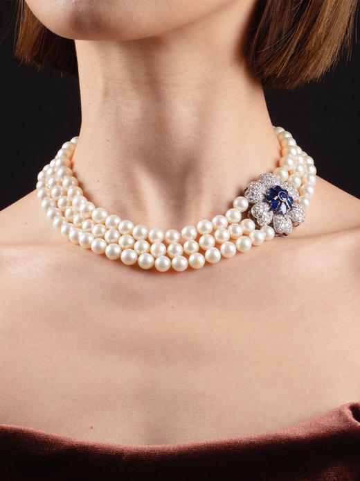 独角鹿西洋古董18K白金镶钻石蓝宝石花朵造型吊坠三股珍珠项链 商品图1