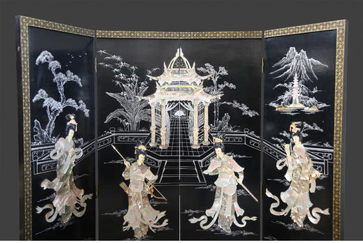 独角鹿西洋古董中国黑漆木嵌硬石母贝传统园邸人物主题四曲屏风 商品图1