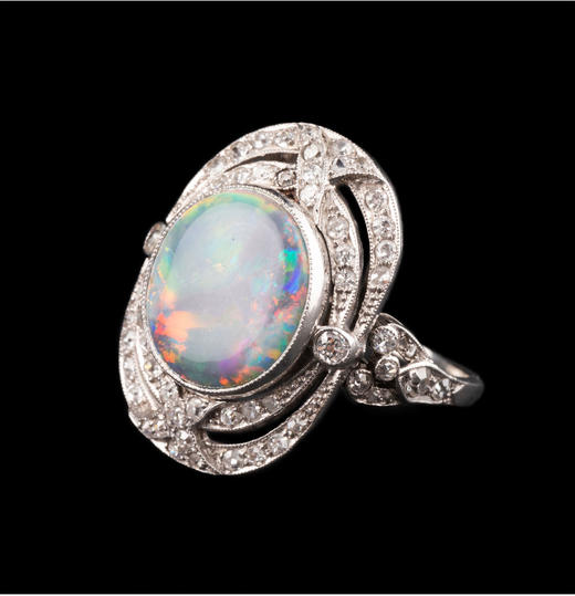 独角鹿西洋古董首饰女戒欧洲珠宝18k白金镶钻石天然黑欧泊石戒指 商品图2