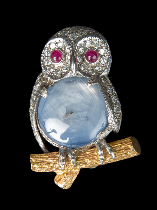独角鹿西洋古董英国珠宝工坊金铂金镶蓝宝石红宝石钻石猫头鹰胸针 商品图0