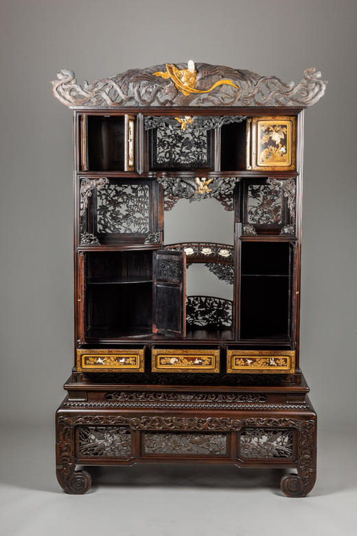 独角鹿西洋古董家具祥瑞花鸟传统神话人物金漆莳绘芝山多宝阁立柜 商品图1