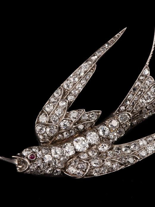 独角鹿西洋古董珠宝首饰黄金底纯银镶嵌钻石红宝石燕子造型胸针 商品图2