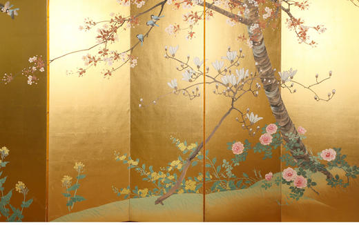 独角鹿西洋古董日本明治时期繁花鸟雀主题金地纸本着色六曲屏风 商品图2