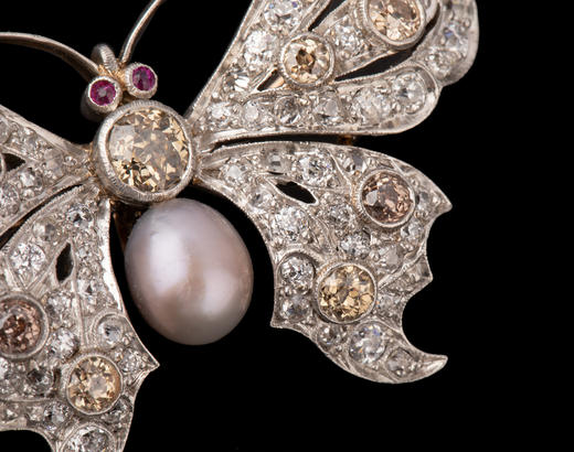 独角鹿西洋古董珠宝首饰法国出品红宝石镶嵌天然珍珠蝴蝶造型胸针 商品图4