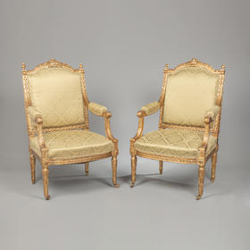 独角鹿西洋古董家具路易十六风木鎏金精雕提花缎面女王式扶手椅一