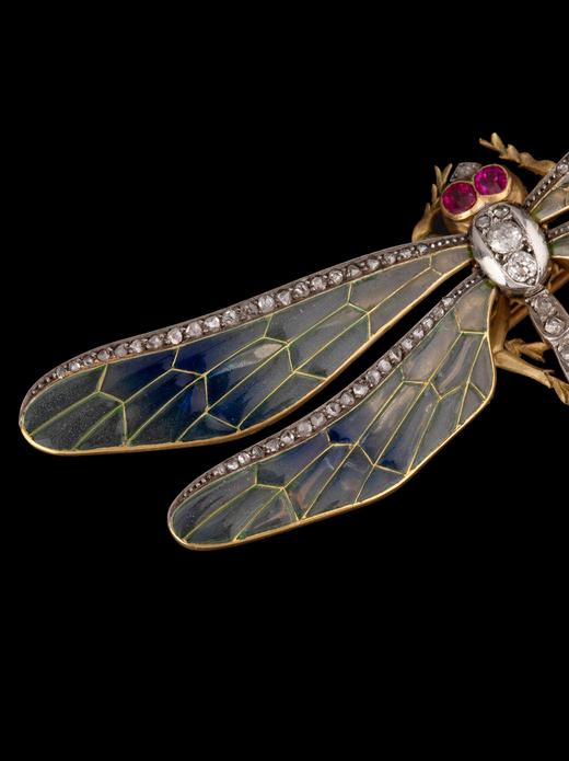 独角鹿西洋古董珠宝首饰18K黄金铂金钻石红宝石空窗珐琅蜻蜓胸针 商品图2