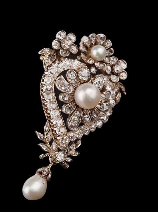 独角鹿西洋古董珠宝首饰18K黄金镶钻石海水珍珠爱心花卉胸针吊坠 商品图3