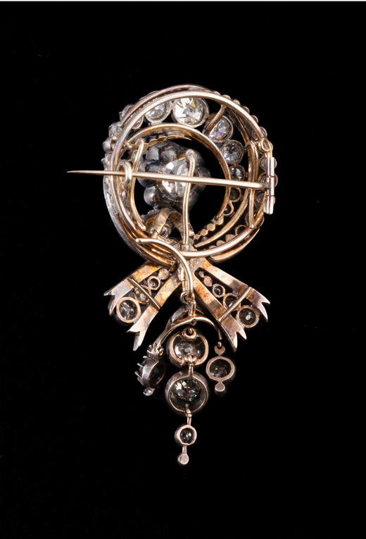 独角鹿西洋古董珠宝欧洲18K金纯银镶钻石圆形缎带蝴蝶结造型胸针 商品图3