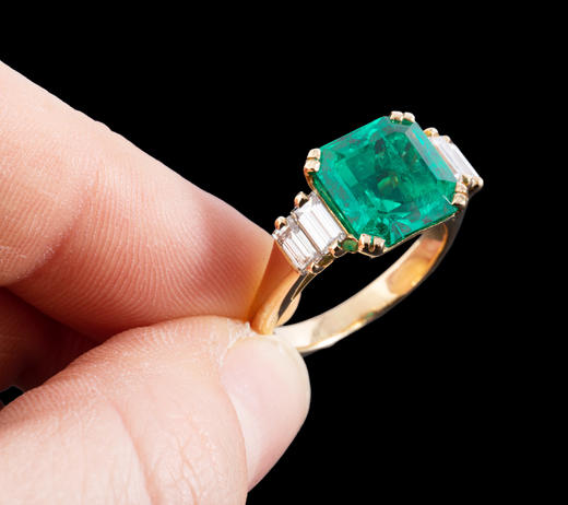 独角鹿西洋古董珠宝首饰近代法国出品黄金镶嵌祖母绿和钻石戒指 商品图2