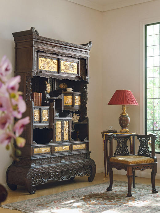 独角鹿西洋古董家具明治漆木镂雕花鸟博古芝山镶嵌多宝阁展示柜 商品图0