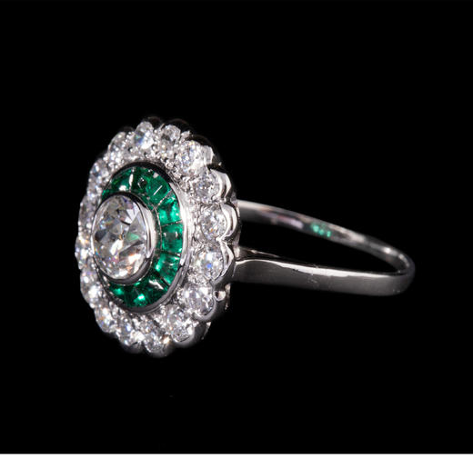 独角鹿西洋古董首饰珠宝法国铂金镶嵌钻石祖母绿玛格丽特款戒指 商品图3