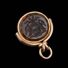 独角鹿西洋古董珠宝俄罗斯14K金镶双头鹰盾徽雕刻烟晶石印章吊坠