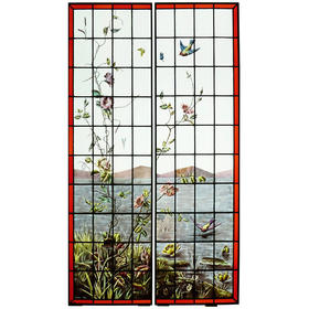 独角鹿西洋古董Hubert Paris工坊花鸟飞蝶水边风景彩绘玻璃花窗