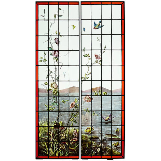 独角鹿西洋古董Hubert Paris工坊花鸟飞蝶水边风景彩绘玻璃花窗 商品图0