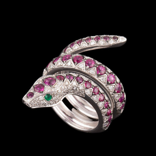 独角鹿西洋古董珠宝首饰白金镶嵌钻石红宝石祖母绿灵蛇造型戒指 商品图0