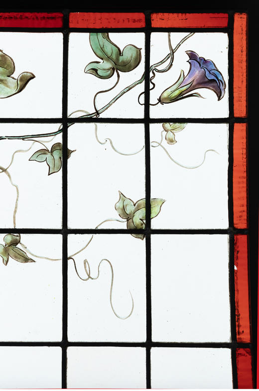 独角鹿西洋古董法国新艺术时期水岸鸢尾雀鸟主题彩绘玻璃花窗一对 商品图2