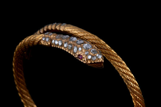 独角鹿西洋古董首饰20世纪初西班牙黄金镶嵌钻石红宝石蛇形手镯 商品图1