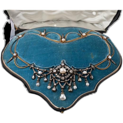 独角鹿西洋古董首饰法国珍珠钻石金银叠打可拆卸垂花帷幔式项链 商品图4