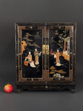 独角鹿西洋古董家具国木制黑色漆面硬石镶嵌人物主题边柜柜子立柜