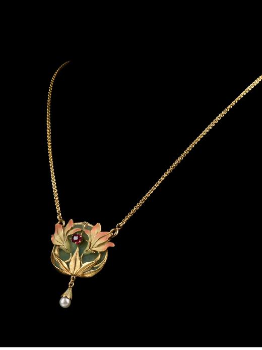 独角鹿西洋古董珠宝首饰黄金镶珍珠蔷薇辉石空窗珐琅花束吊坠项链 商品图2