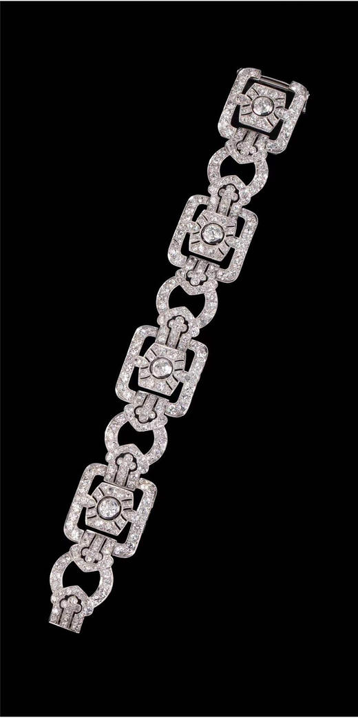 独角鹿西洋古董珠宝法国装饰艺术时期铂金镶嵌钻石几何造型宽手镯 商品图2