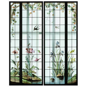 独角鹿西洋古董法国新艺术时期燕雀鸢尾水岸春绘玻璃花窗四件