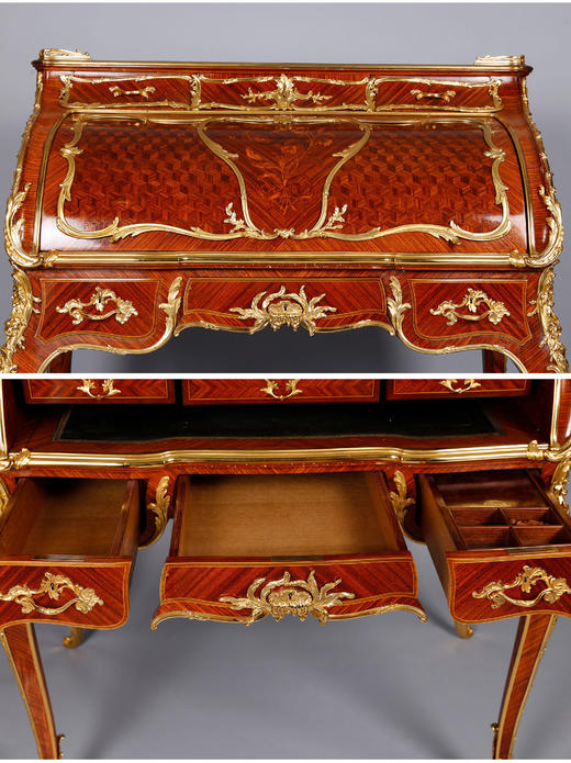 独角鹿西洋古董家具林克路易十五风铜鎏金细木镶嵌弧面翻盖写字桌 商品图4