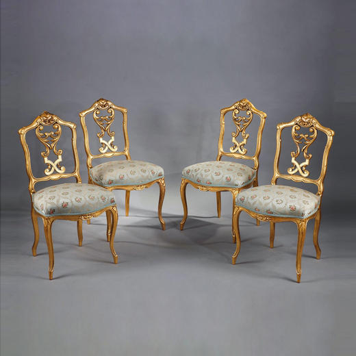 独角鹿西洋古董家具路易十五风格丝质面料金漆木雕镂空靠背椅一套 商品图0