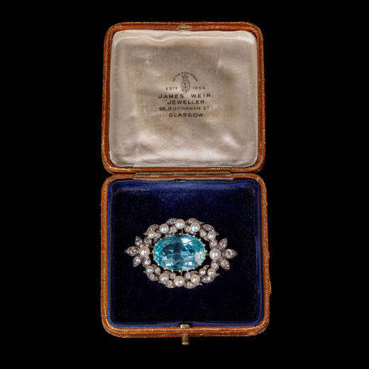 独角鹿西洋古董珠宝首饰英国金银叠打镶钻石珍珠海蓝宝石花叶胸针 商品图1