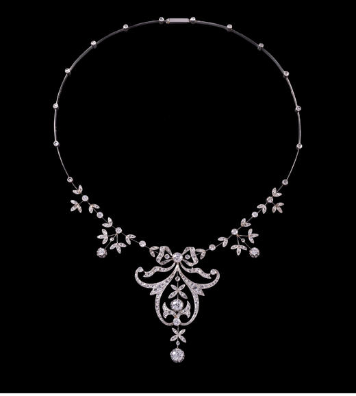 独角鹿西洋古董美好时代欧洲Lavalliere式铂金镶钻石蝴蝶结项链 商品图0