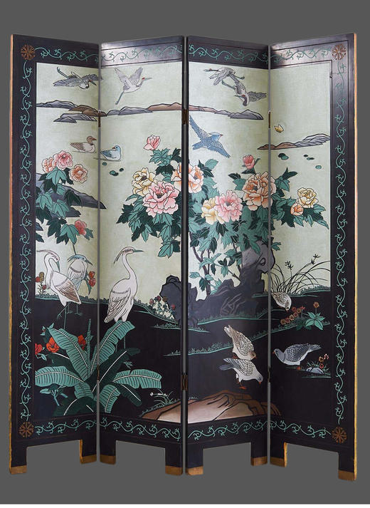 独角鹿西洋古董中国手绘瑞鹤珍禽富贵花卉主题黑地漆器四扇屏风 商品图1