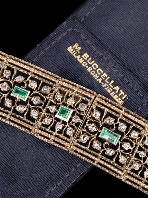 独角鹿西洋古董珠宝首饰意大利布契拉提金银镂雕镶祖母绿钻石手镯 商品图2