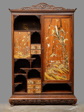 独角鹿西洋古董家具漆木镶嵌母贝浮雕彩绘东方花鸟风景多宝阁立柜