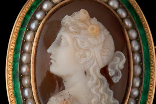 独角鹿西洋古董珠宝首饰黄金嵌玛瑙绿珐琅天然珍珠精雕卡梅奥胸针 商品图3