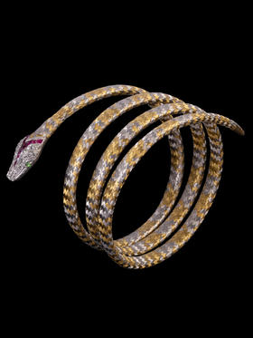 独角鹿西洋古董首饰18K黄白金编镶嵌红宝石钻石沙弗莱石灵蛇手镯