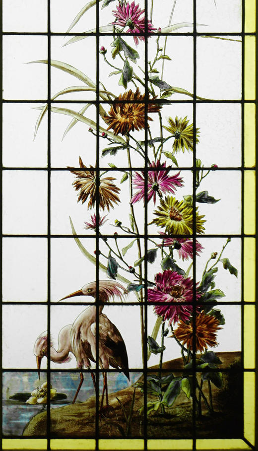 独角鹿西洋古董法国向日葵大丽花水边雀鸟珐琅彩绘玻璃花窗一对 商品图3