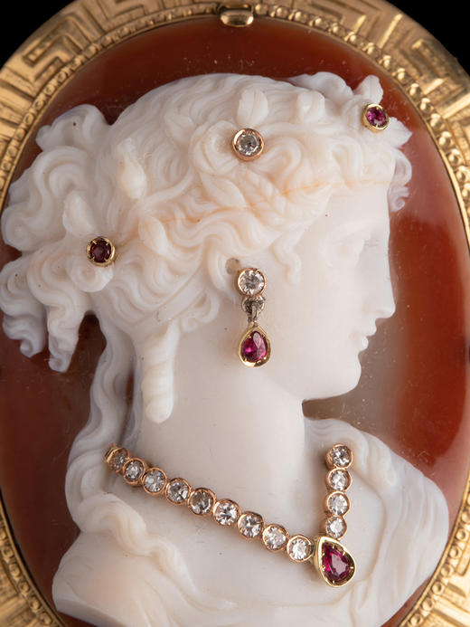 独角鹿西洋古董18K金红宝石钻石嵌Cameo卡梅奥玛瑙浮雕胸针吊坠 商品图1