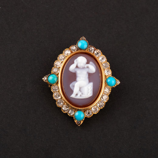 独角鹿西洋古董珠宝首饰黄金镶嵌钻石绿松石玛瑙卡梅奥浮雕胸针 商品图0