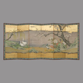 独角鹿西洋古董日本狩野派风格纸本金地山水花鸟主题六曲屏风