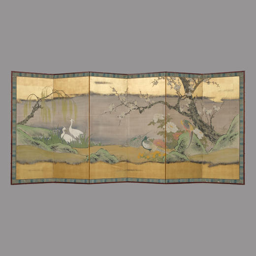 独角鹿西洋古董日本狩野派风格纸本金地山水花鸟主题六曲屏风 商品图0