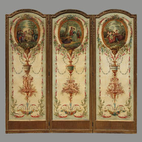 独角鹿西洋古董法国路易十六风格木雕框架田园雅宴图绘三扇屏风