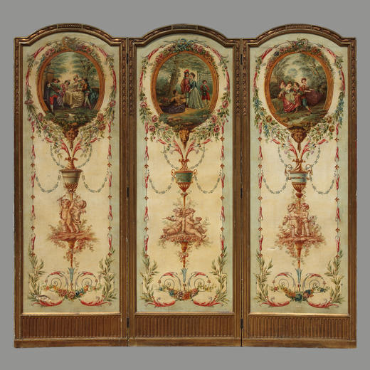 独角鹿西洋古董法国路易十六风格木雕框架田园雅宴图绘三扇屏风 商品图0