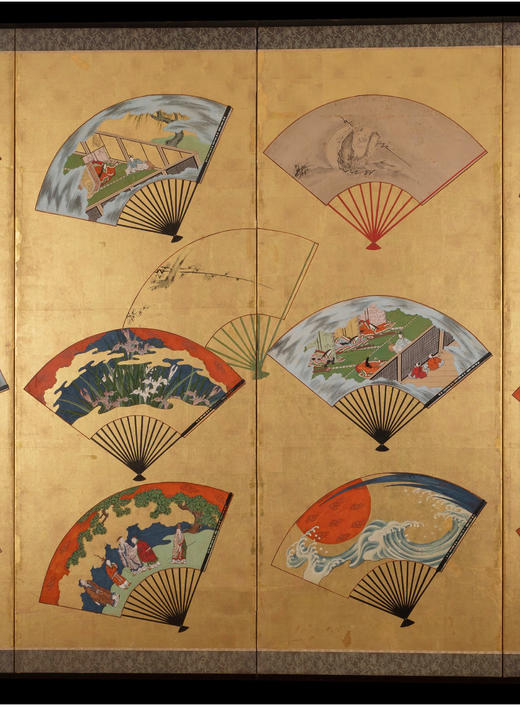 独角鹿西洋古董日本江户时期金地纸本着色东瀛折扇六曲日式屏风 商品图2