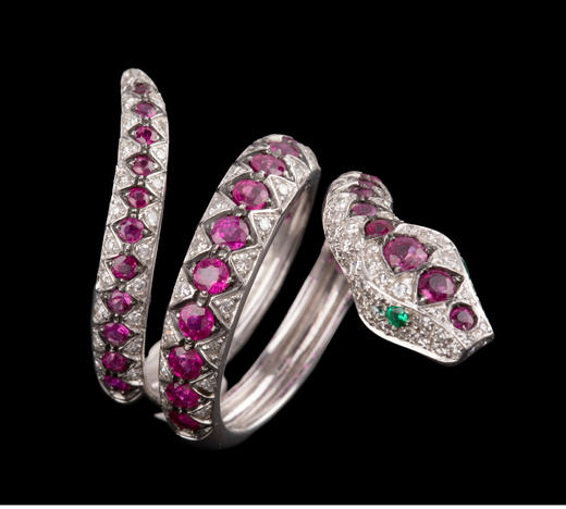 独角鹿西洋古董珠宝首饰白金镶嵌钻石红宝石祖母绿灵蛇造型戒指 商品图2