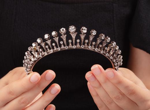 独角鹿西洋古董珠宝法国18K金纯银镶嵌钻石花穗造型冠冕项链原盒 商品图2