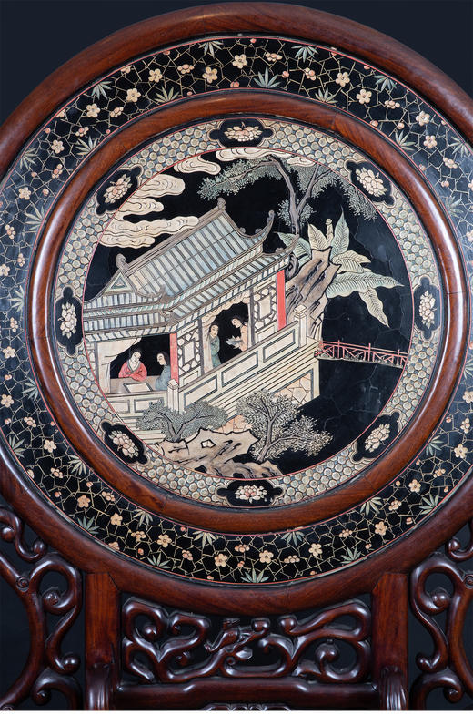 独角鹿西洋古董摆件中国清代漆木雕花嵌历史人物瓷板画大型屏风 商品图3